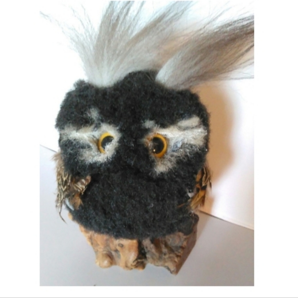 Bird Strange Barn OWL on Wood Fuzzy Eccentric Creatures Of The Night Ooak